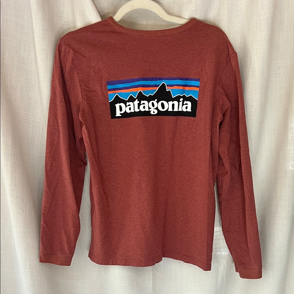 Patagonia Rust Long Sleeve Logo Tee with Multicolor Mountain Graphic